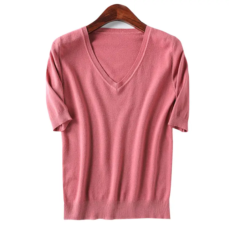 Blue V-Neck Knit T-Shirt for Women - Image 21