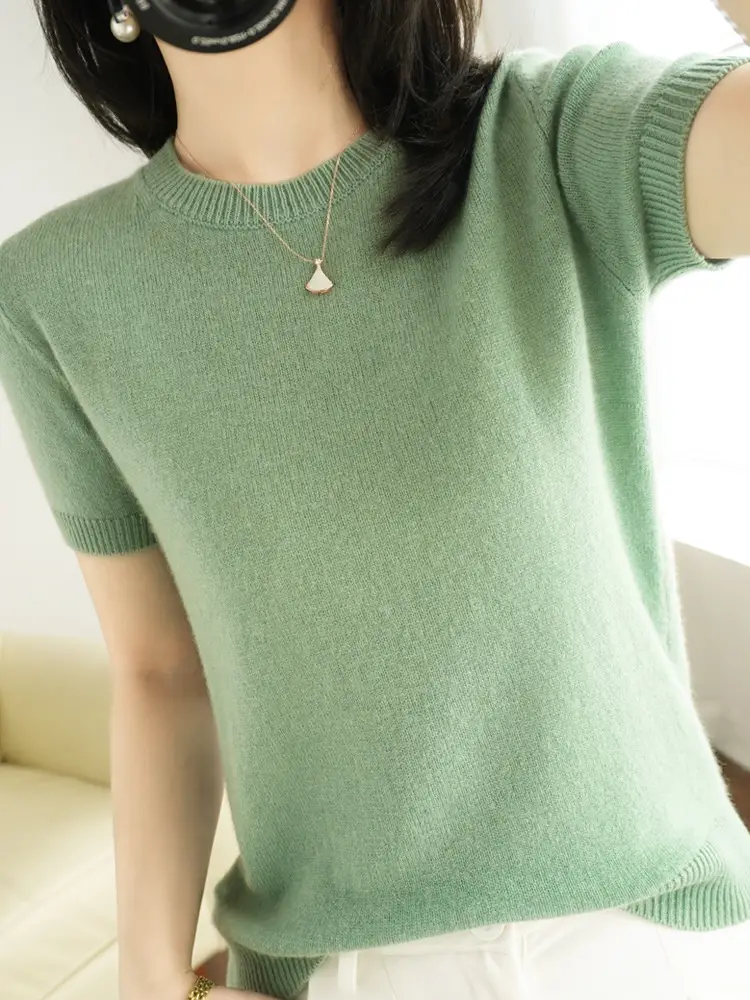 Blue V-Neck Knit T-Shirt for Women - Image 10