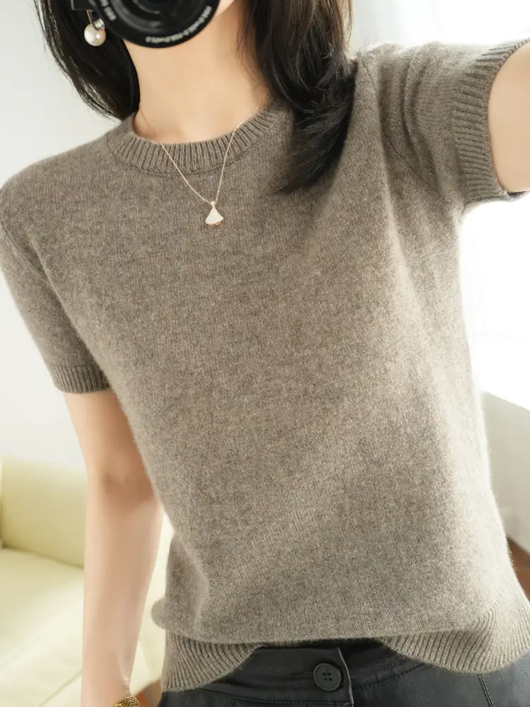 Blue V-Neck Knit T-Shirt for Women - Image 11