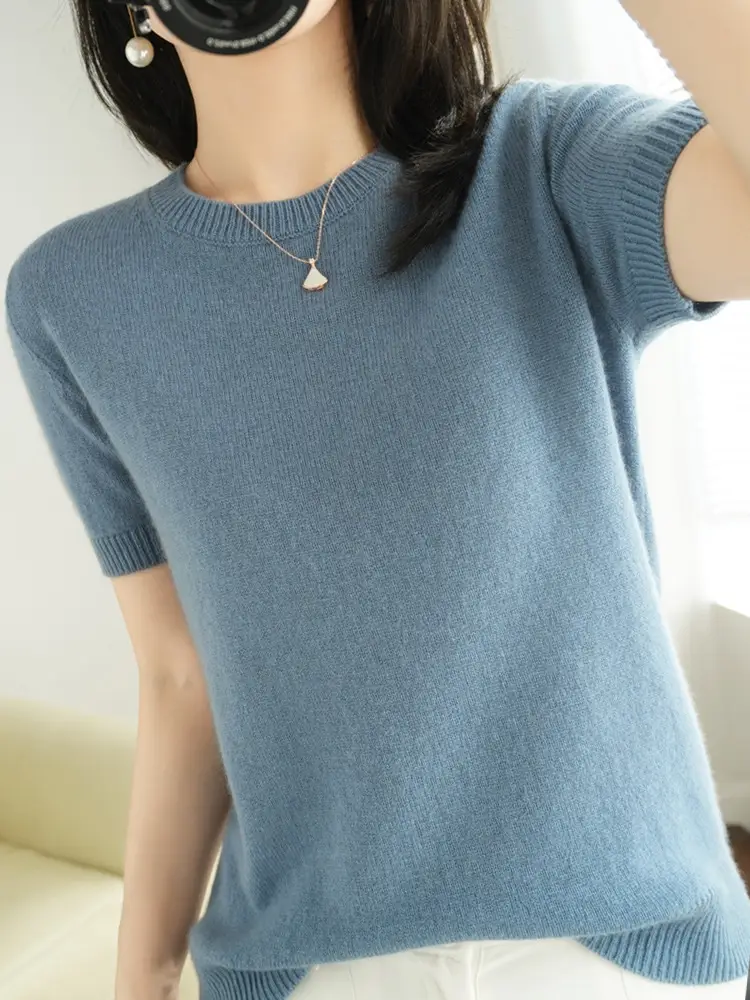 Blue V-Neck Knit T-Shirt for Women - Image 12