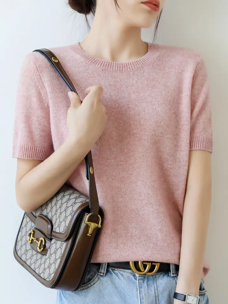 Blue V-Neck Knit T-Shirt for Women - Image 14