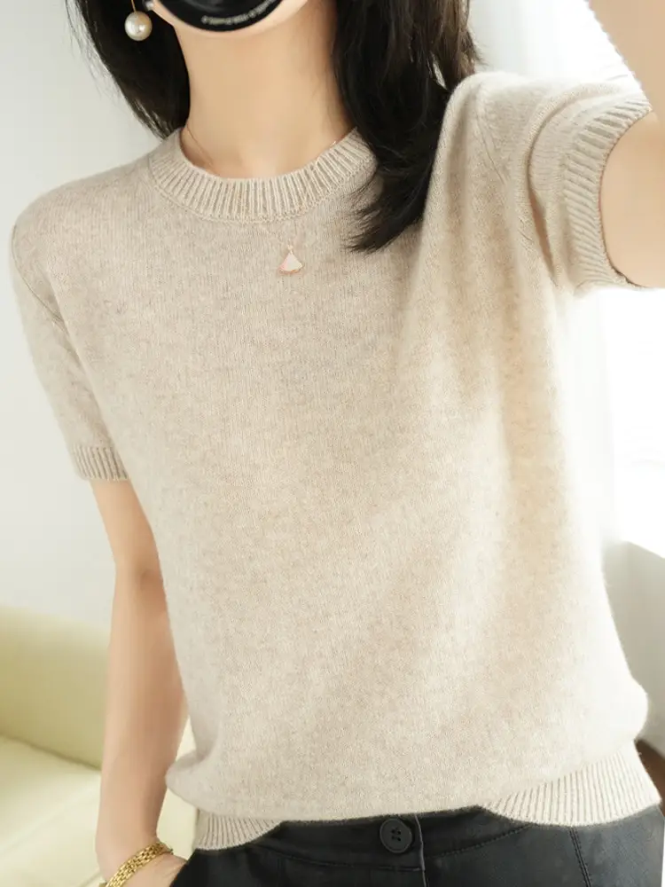 Blue V-Neck Knit T-Shirt for Women - Image 15