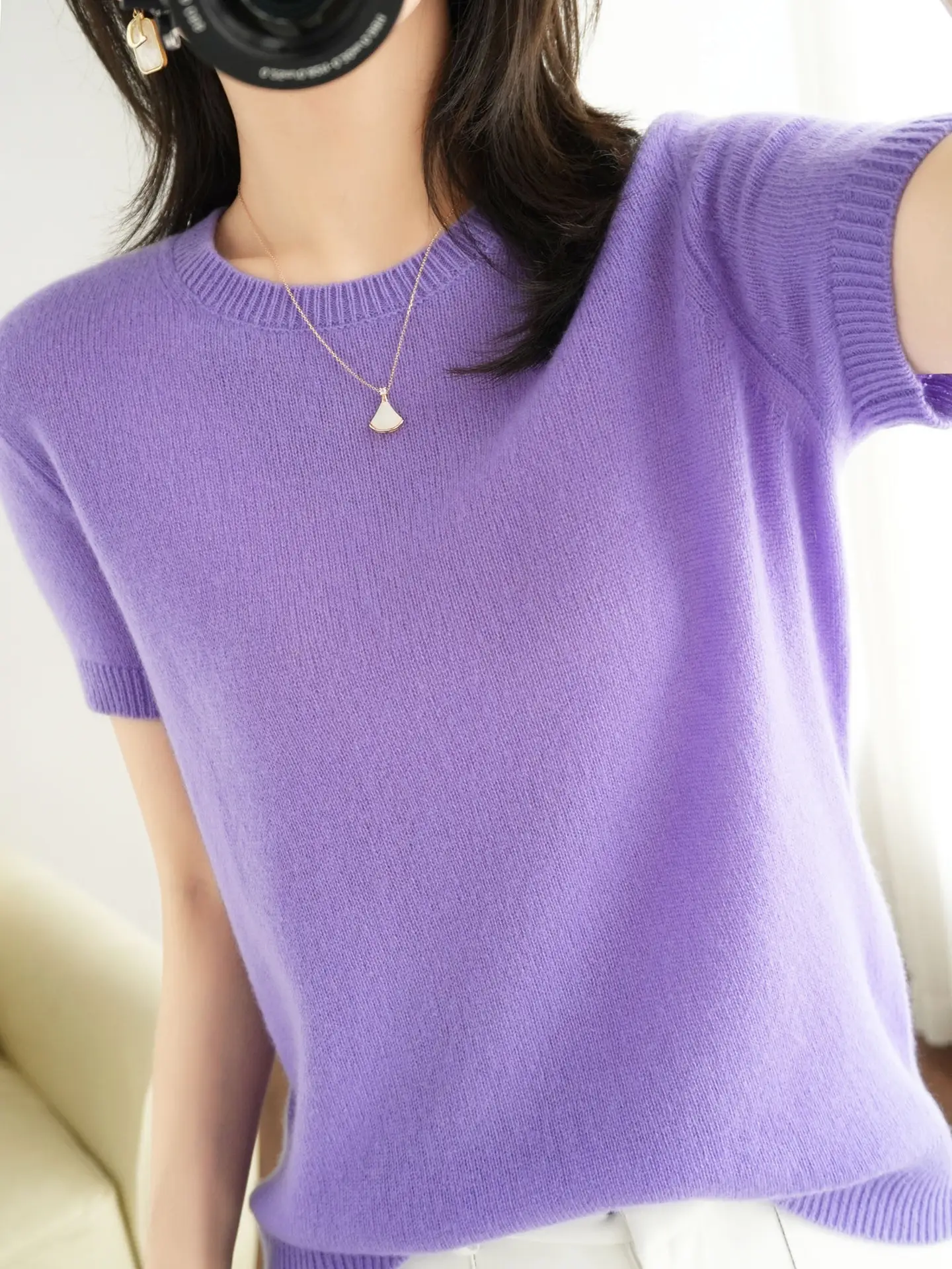 Blue V-Neck Knit T-Shirt for Women - Image 16