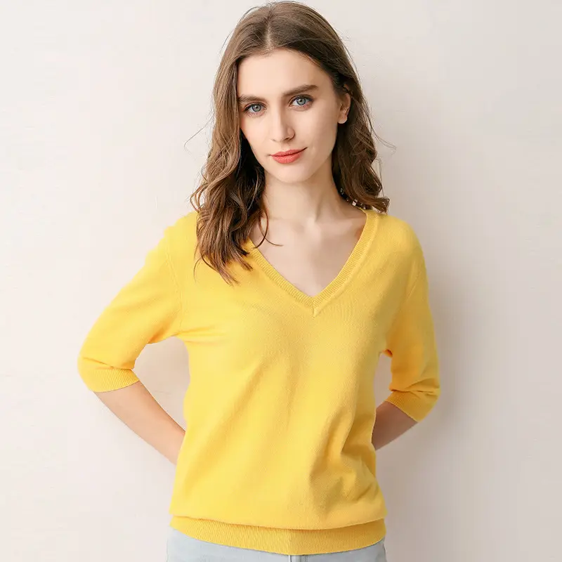 Blue V-Neck Knit T-Shirt for Women - Image 7