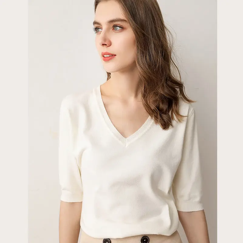 Blue V-Neck Knit T-Shirt for Women - Image 8