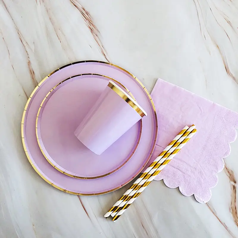 Purple Disposable Party Tableware Set with Gold Accents - Image 7