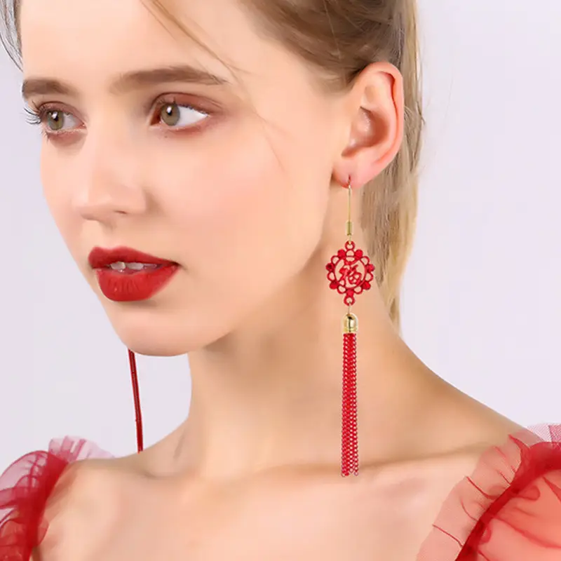Red Ruyi Knot Earrings for Bridal & Festive Wear