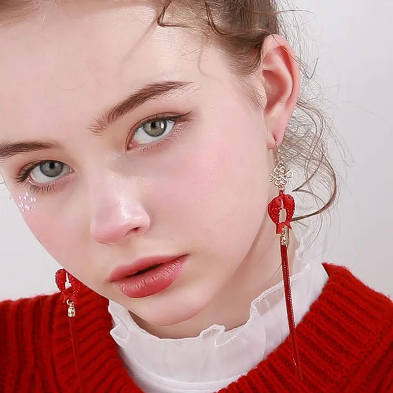 Red Ruyi Knot Earrings for Bridal & Festive Wear