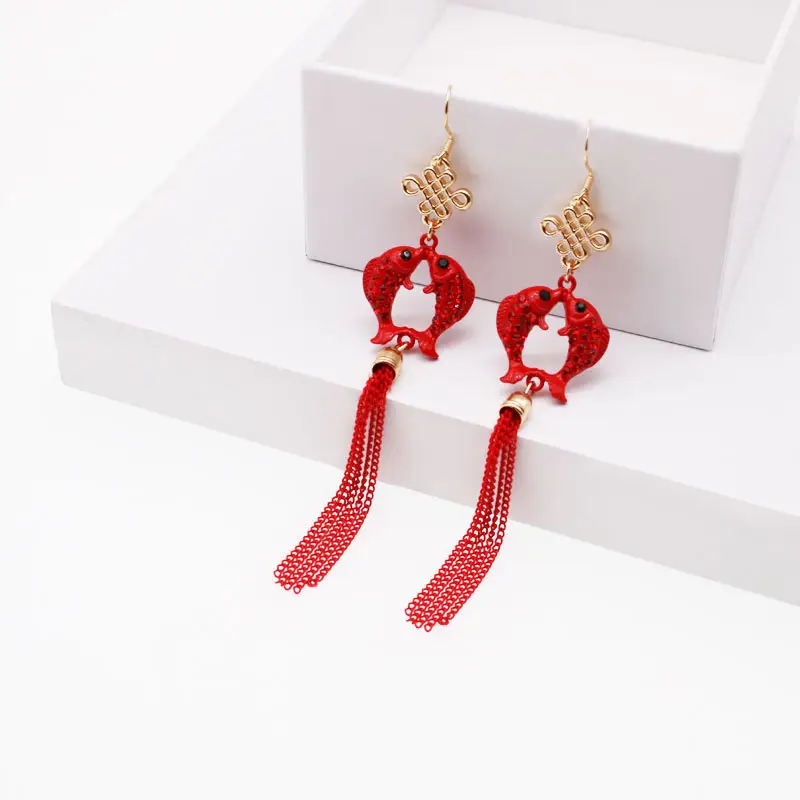 Red Ruyi Knot Earrings for Bridal & Festive Wear