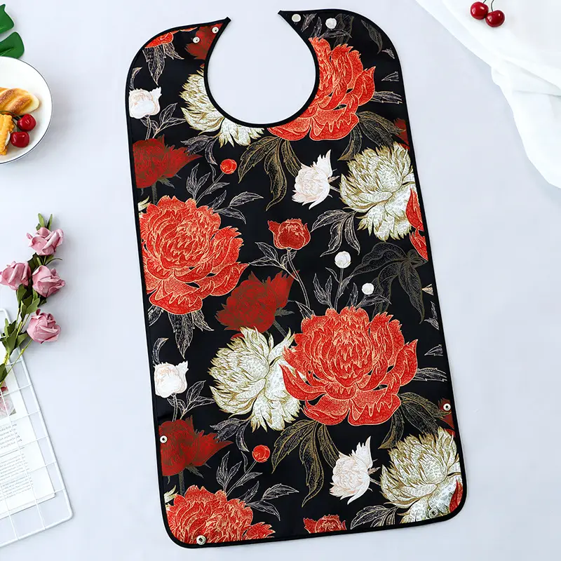 Red Floral Elderly Food Bibs for Adults - Image 2