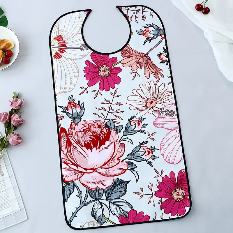 Red Floral Elderly Food Bibs for Adults - Image 3