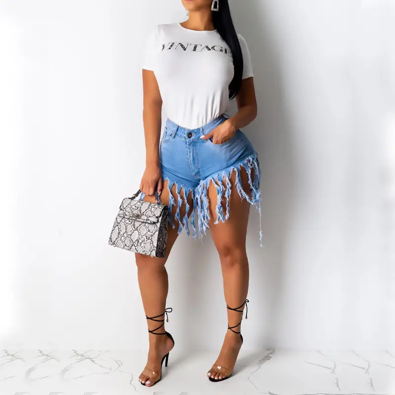Women Denim Shorts Set Summer Casual White T Shirt - Image 2