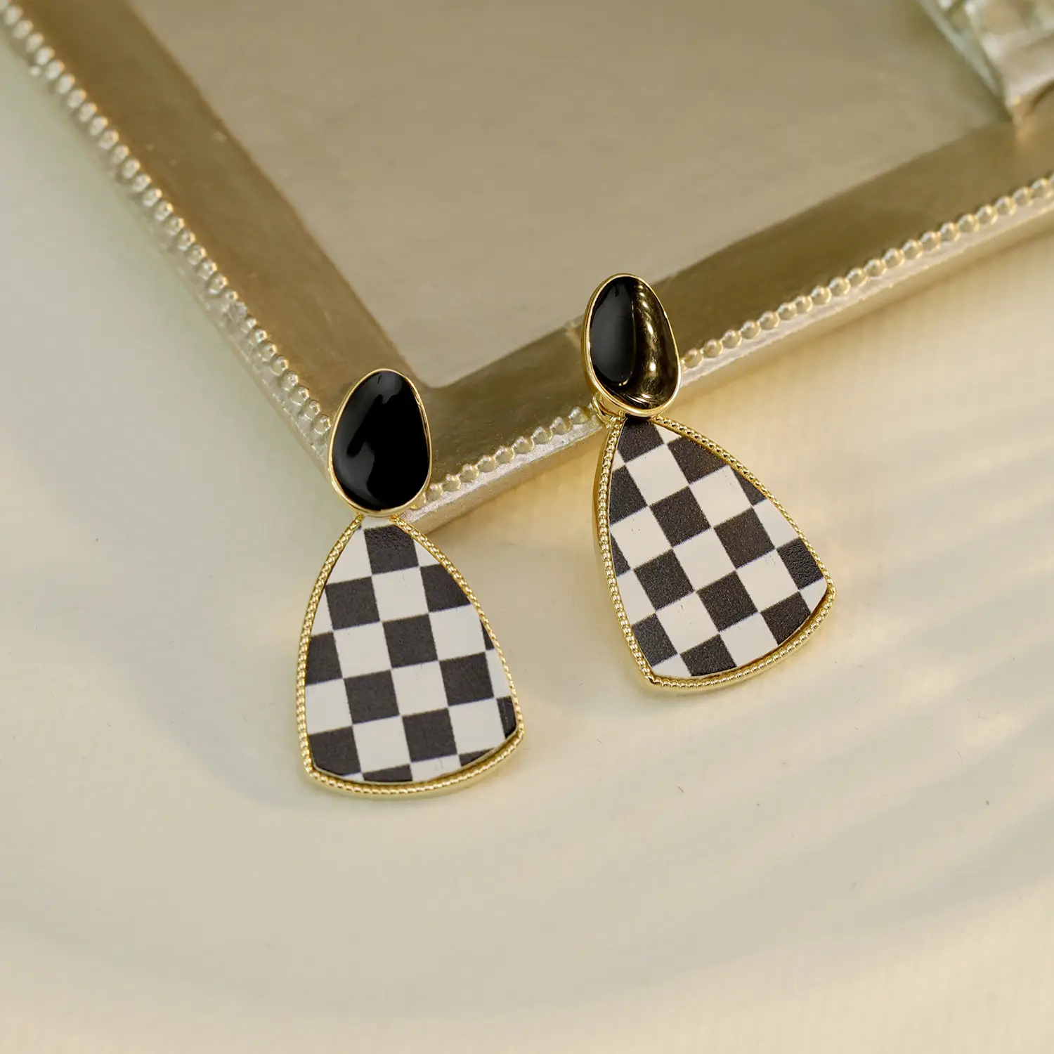 Leopard Print Earrings Black White Check Gold Plated - Image 7