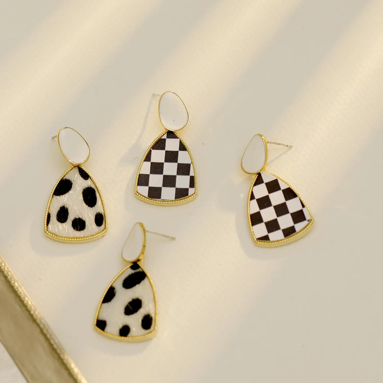 Leopard Print Earrings Black White Check Gold Plated - Image 8