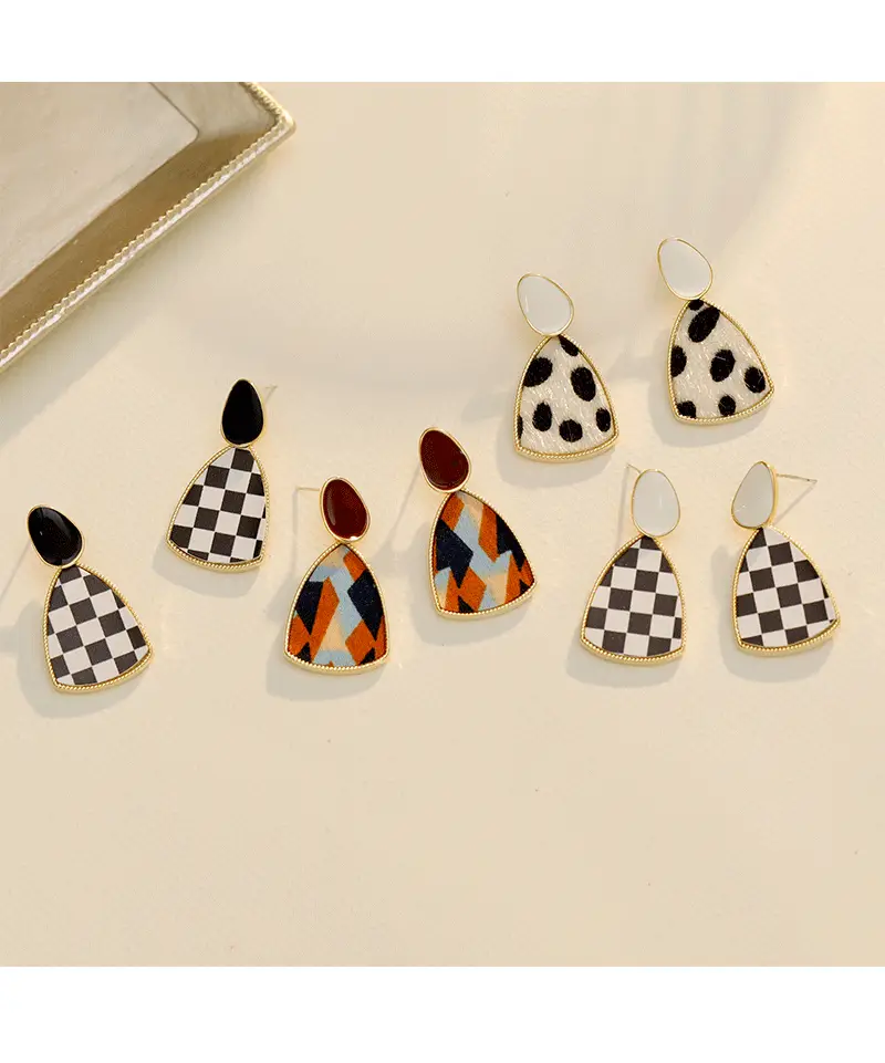 Leopard Print Earrings Black White Check Gold Plated — feature 2