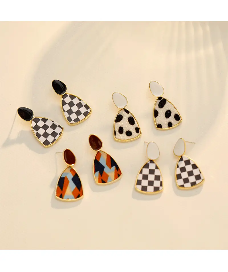Leopard Print Earrings Black White Check Gold Plated — feature 7
