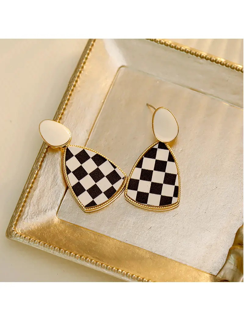 Leopard Print Earrings Black White Check Gold Plated — feature 8