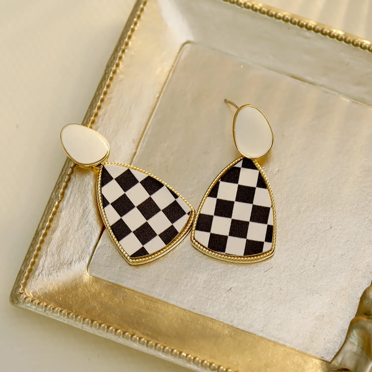 Leopard Print Earrings Black White Check Gold Plated - Image 2