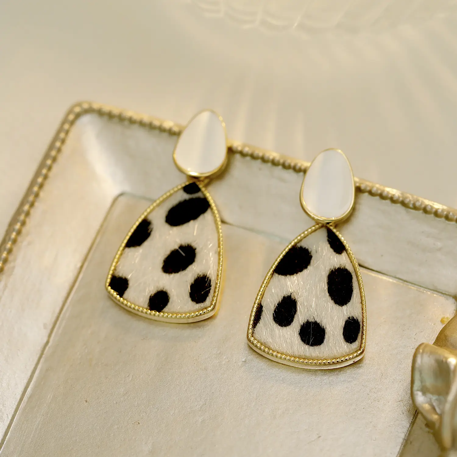 Leopard Print Earrings Black White Check Gold Plated - Image 3