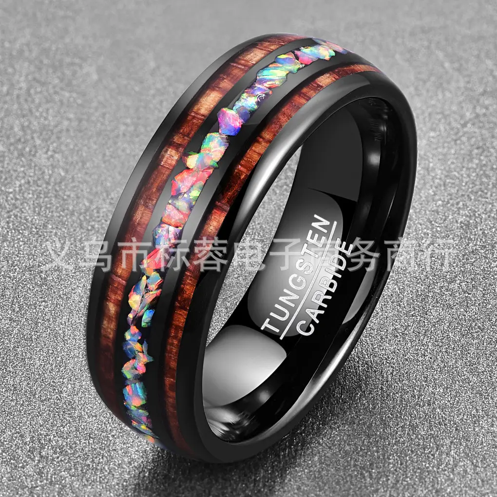 Tungsten Steel Ring 8mm Black Mixed Acacia Hair - Image 2
