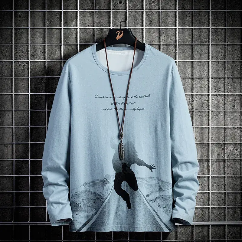 Pure Cotton Long Sleeve T-Shirt Men Light Blue Graphic Print - Image 4