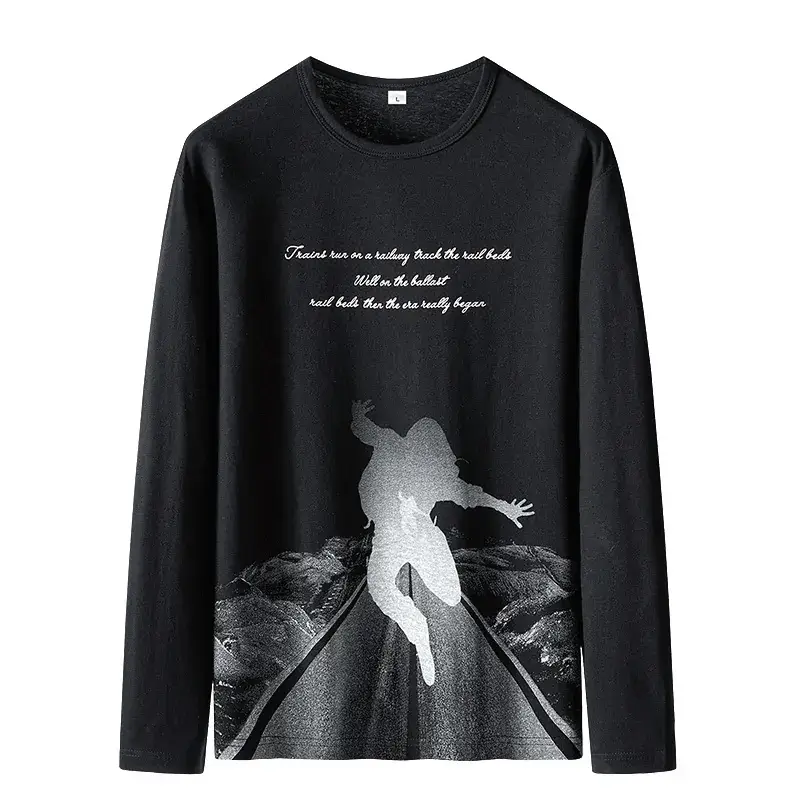 Pure Cotton Long Sleeve T-Shirt Men Light Blue Graphic Print - Image 6