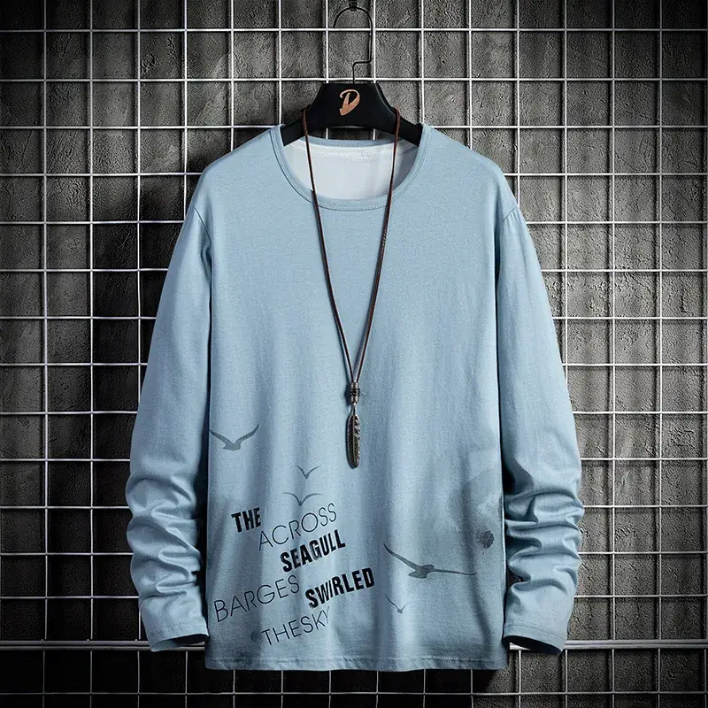 Men Korean Style Long Sleeve T-Shirt Grey Pure Cotton - Image 4