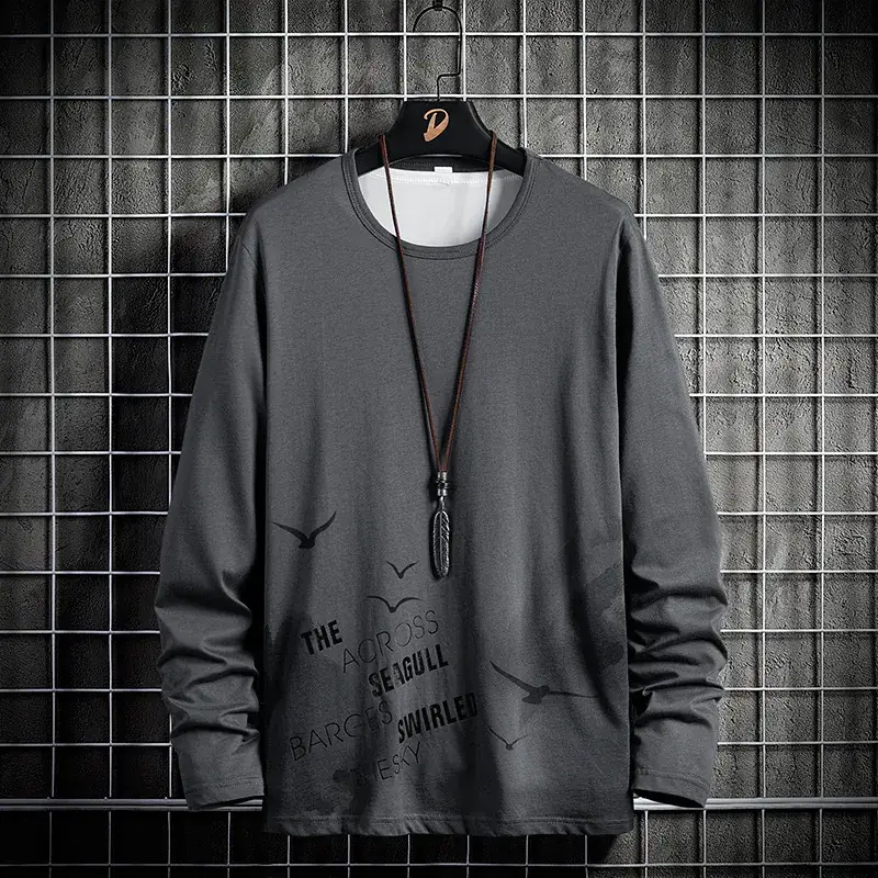Men Korean Style Long Sleeve T-Shirt Grey Pure Cotton - Image 2