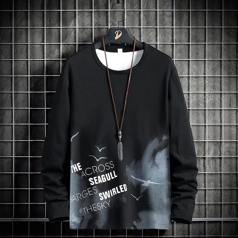 Men Korean Style Long Sleeve T-Shirt Grey Pure Cotton - Image 3