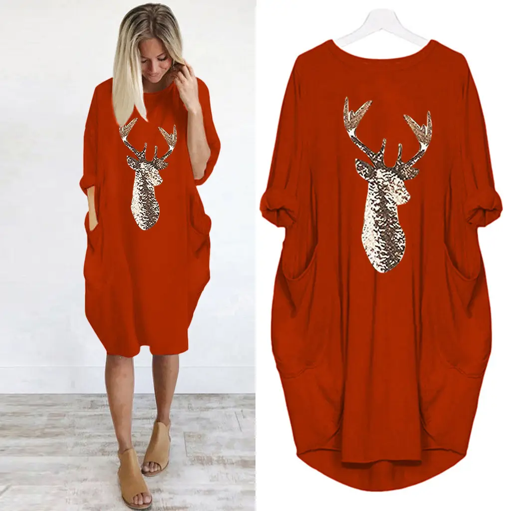 Women's Orange Deer Print Loose Summer Dress