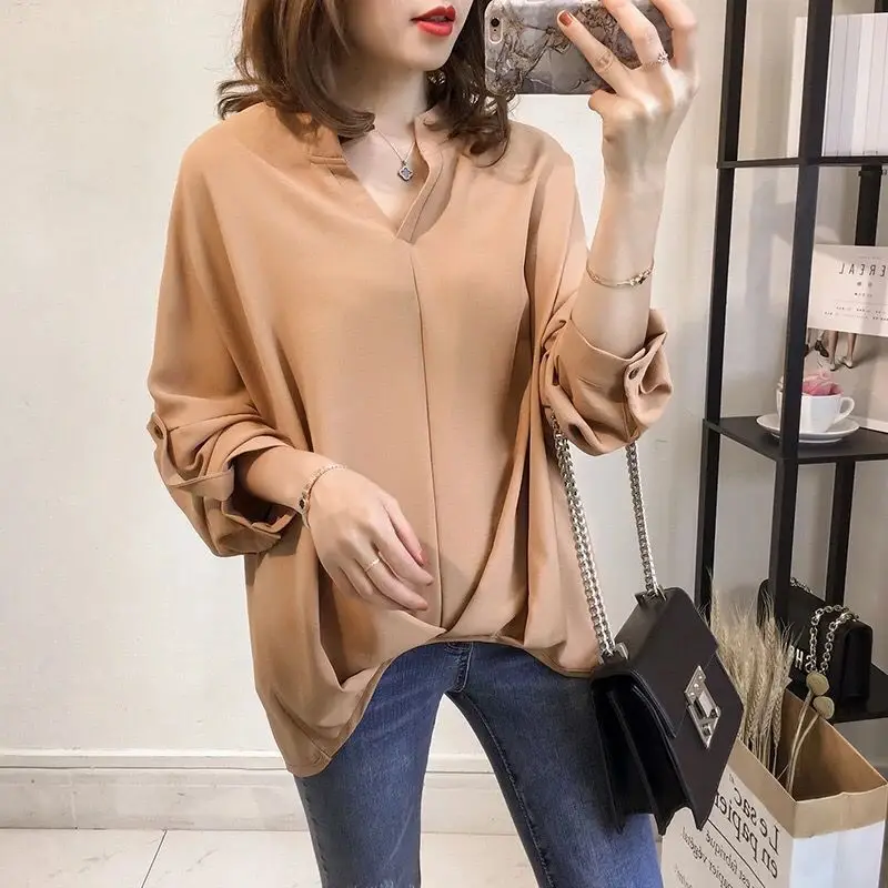 2022 Women's Long Sleeve Top Bat Sleeve Shirt Loose Fit Tan - Image 3