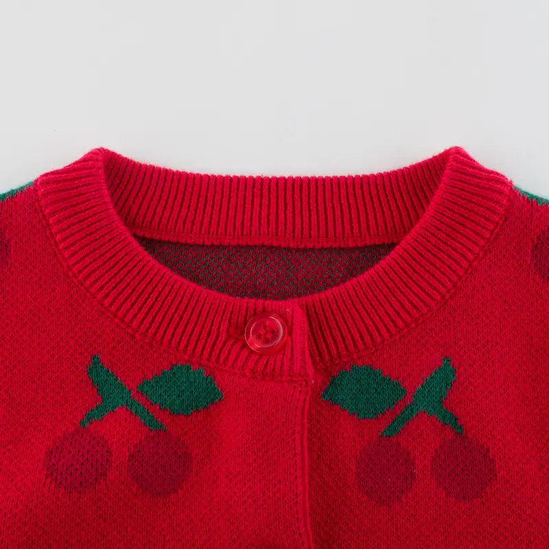 Red Cherry Embroidered Girls Sweater Coat for Girls