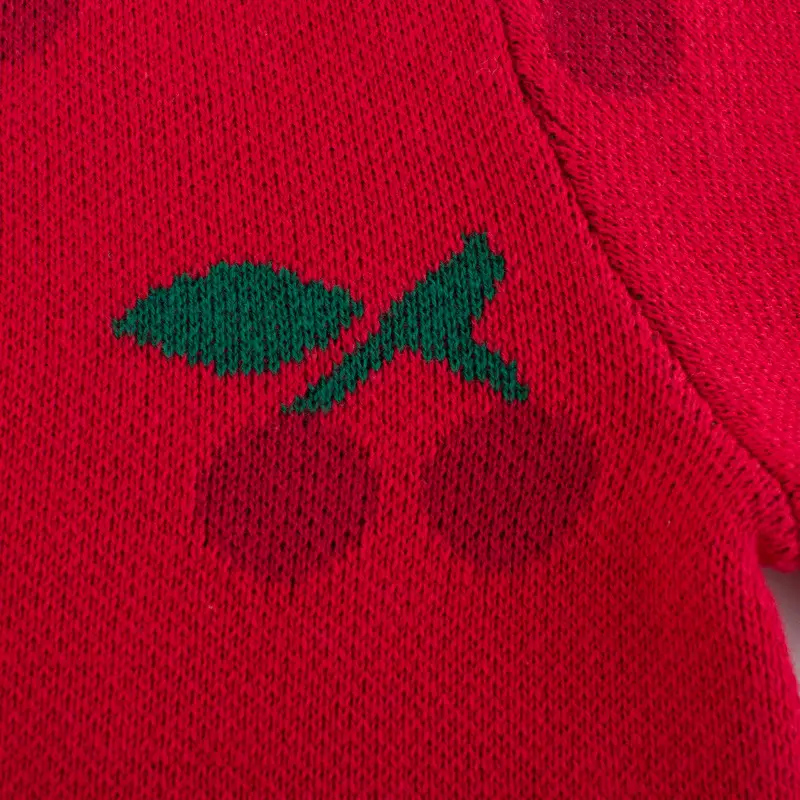 Red Cherry Embroidered Girls Sweater Coat for Girls