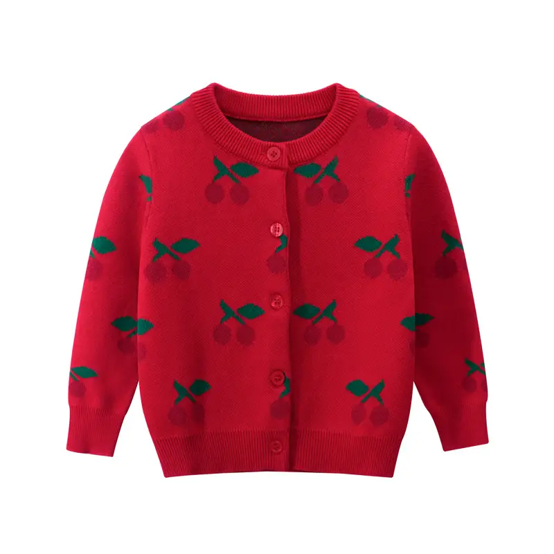 Red Cherry Embroidered Girls Sweater Coat for Girls