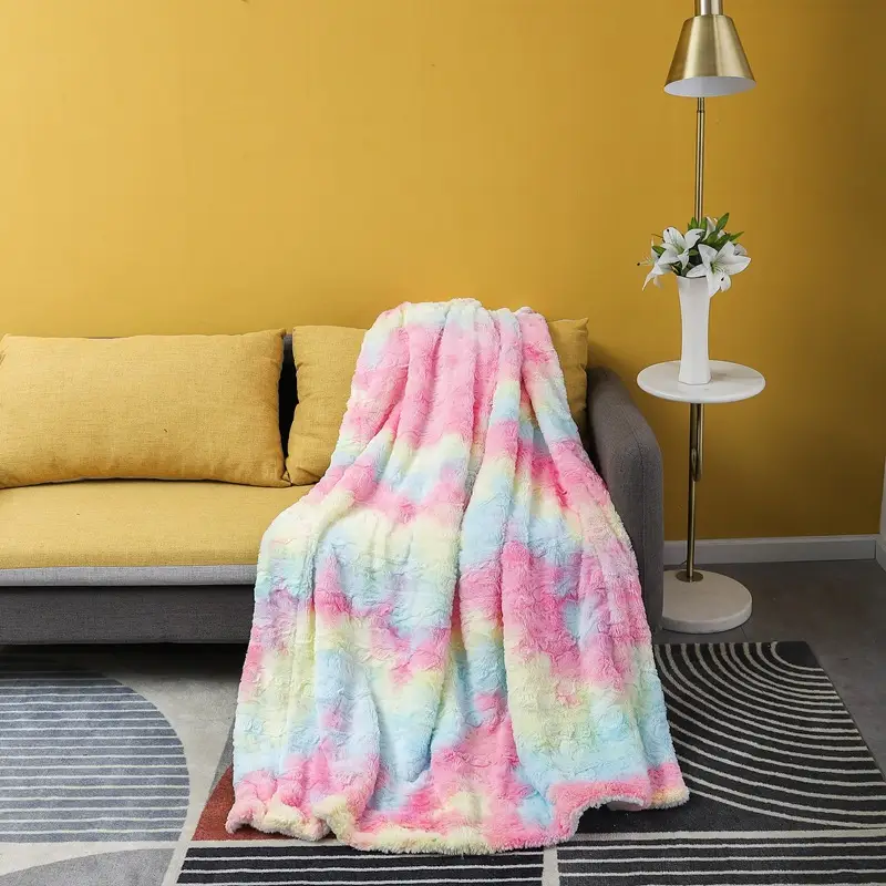 Double-layer Faux Fur Blanket Brown White Tie-Dye - Image 8
