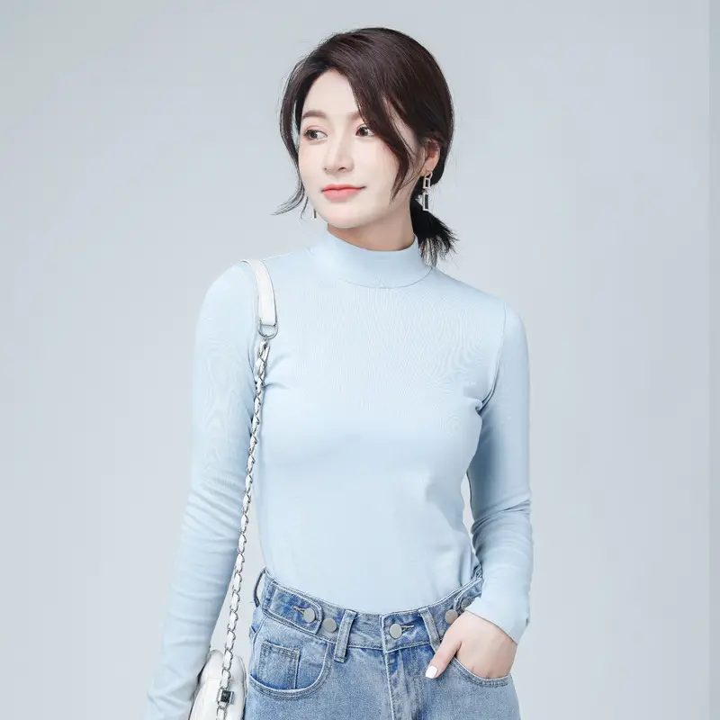 Women's Pure Cotton Long Sleeve T-Shirt Light Blue Slim Fit - Image 16