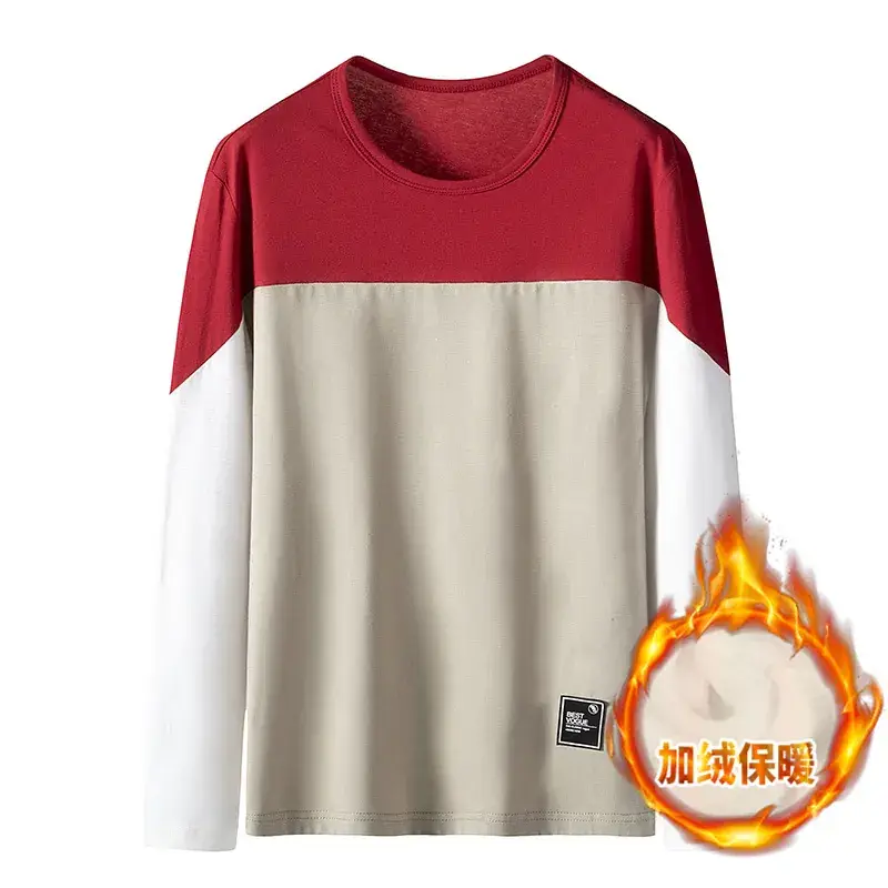 Men Fleece-Lined Patchwork Long Sleeve T-Shirt Black White Grey - Image 5