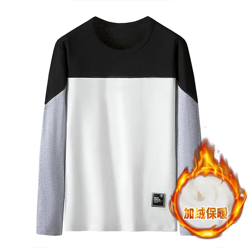 Men Fleece-Lined Patchwork Long Sleeve T-Shirt Black White Grey - Image 6