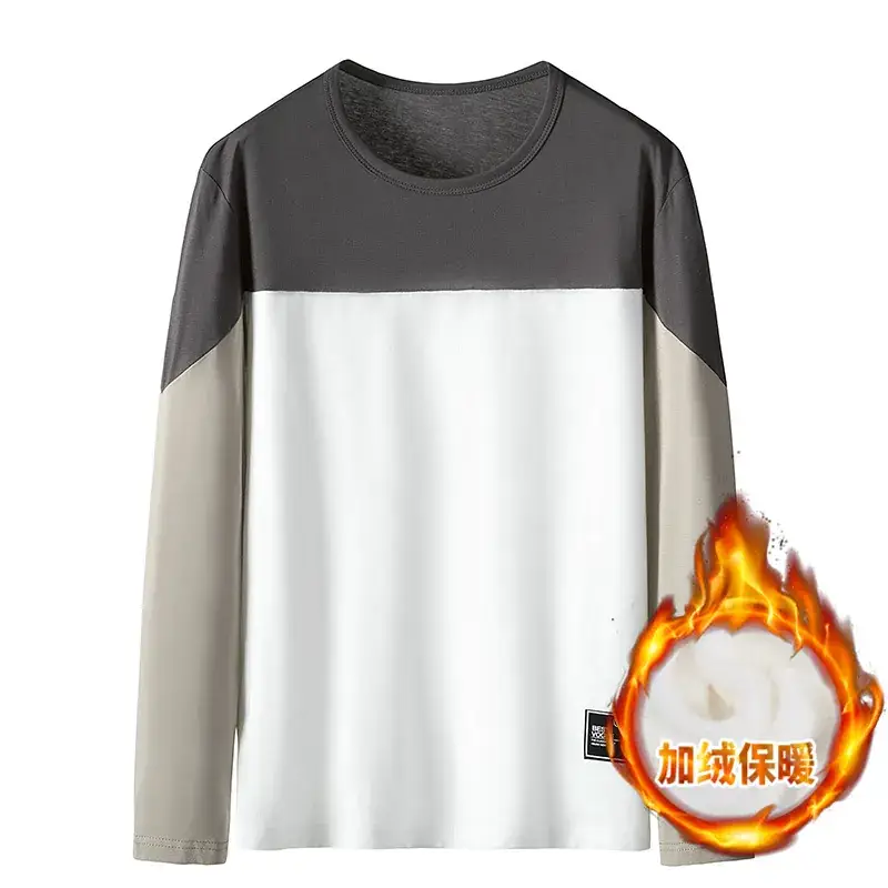 Men Fleece-Lined Patchwork Long Sleeve T-Shirt Black White Grey - Image 4