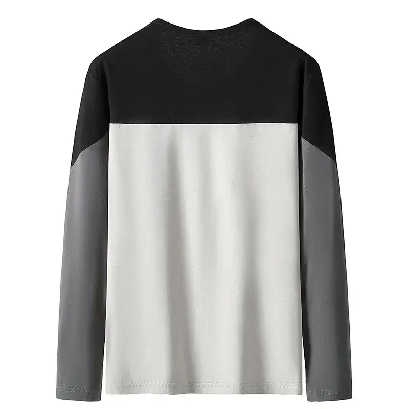 Men Fleece-Lined Patchwork Long Sleeve T-Shirt Black White Grey - Image 7