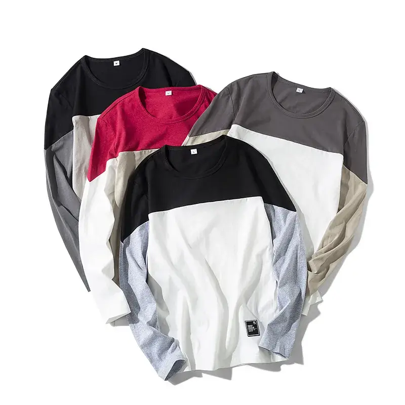 Men Fleece-Lined Patchwork Long Sleeve T-Shirt Black White Grey - Image 8