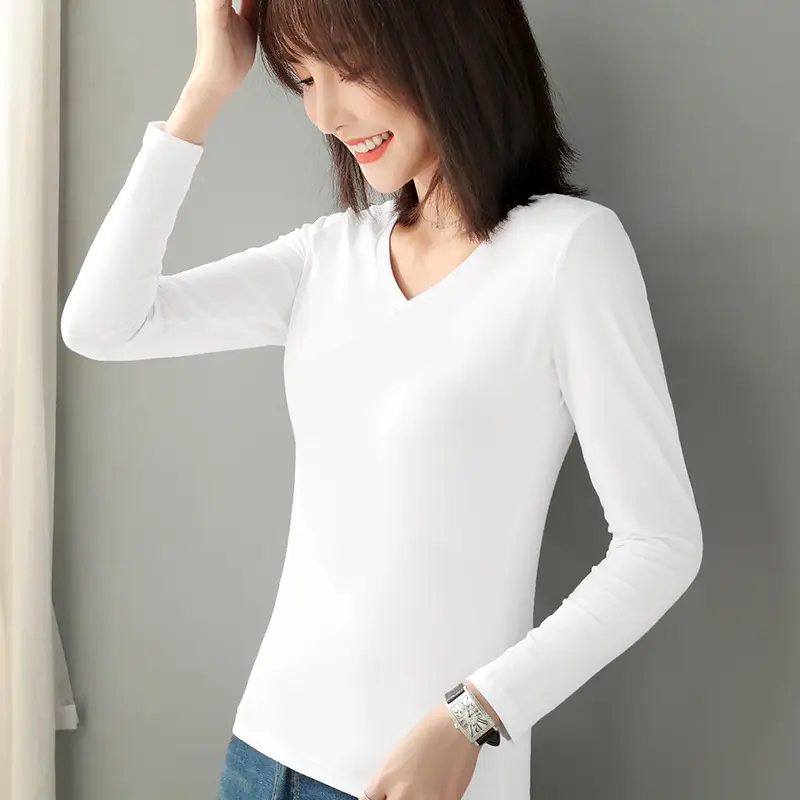 Women Cotton V-Neck Long Sleeve T-Shirt Black - Image 6