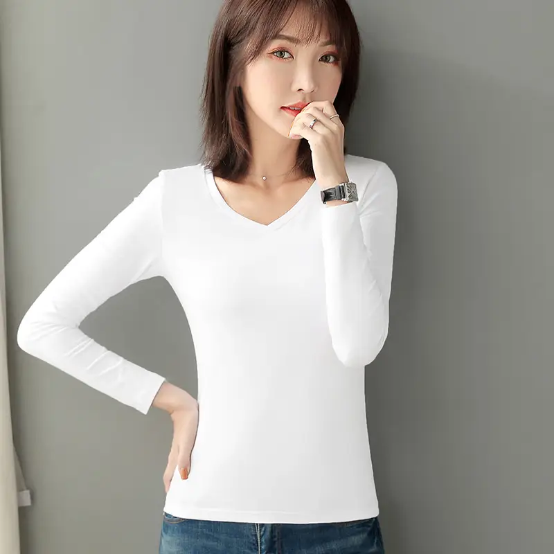 Women Cotton V-Neck Long Sleeve T-Shirt Black - Image 7