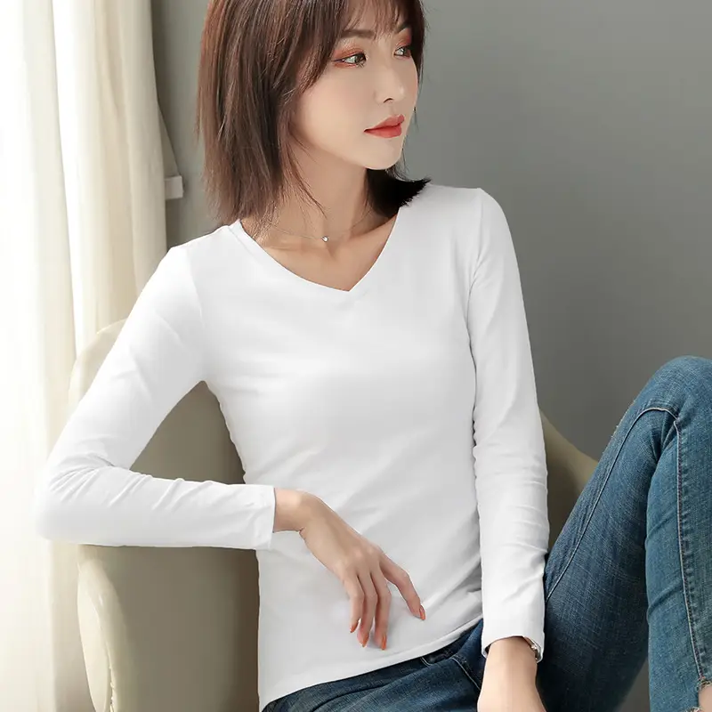Women Cotton V-Neck Long Sleeve T-Shirt Black - Image 8