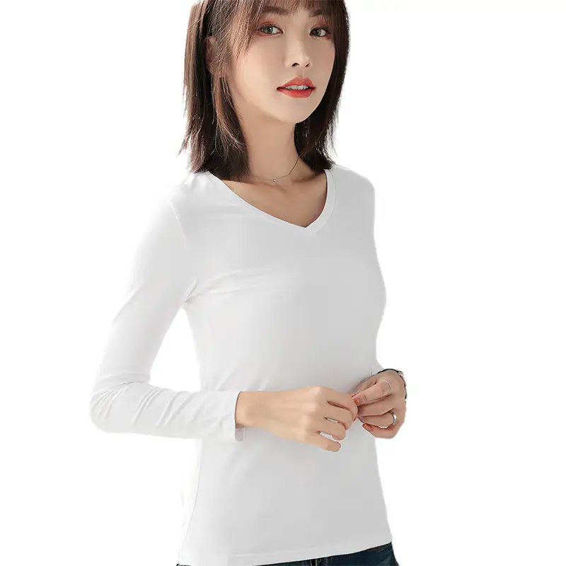 Women Cotton V-Neck Long Sleeve T-Shirt Black - Image 10