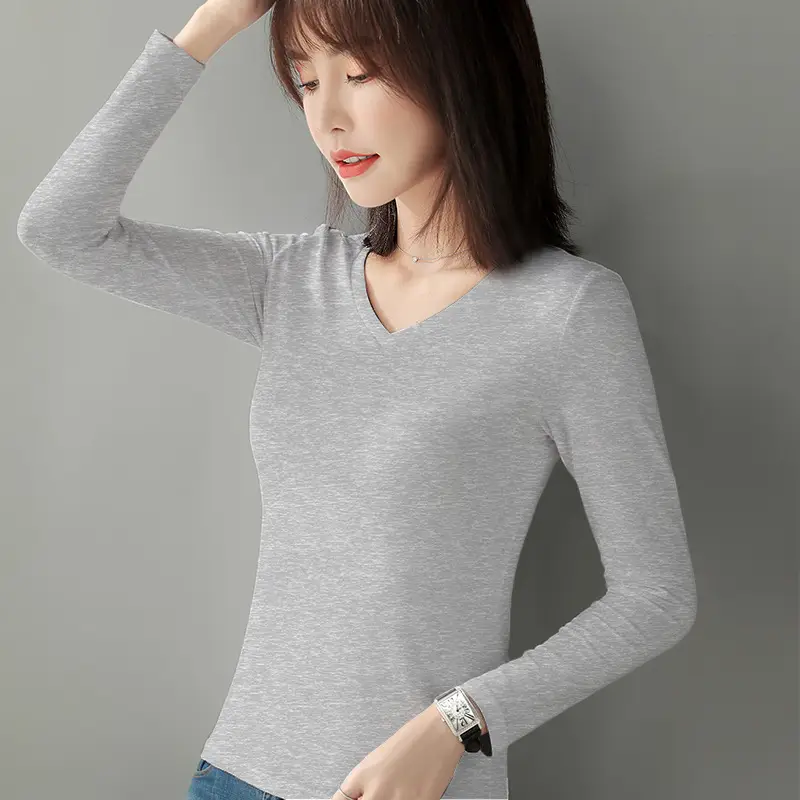 Women Cotton V-Neck Long Sleeve T-Shirt Black - Image 2