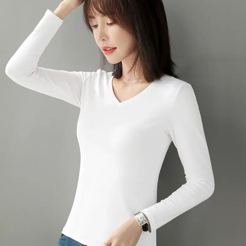 Women Cotton V-Neck Long Sleeve T-Shirt Black - Image 3