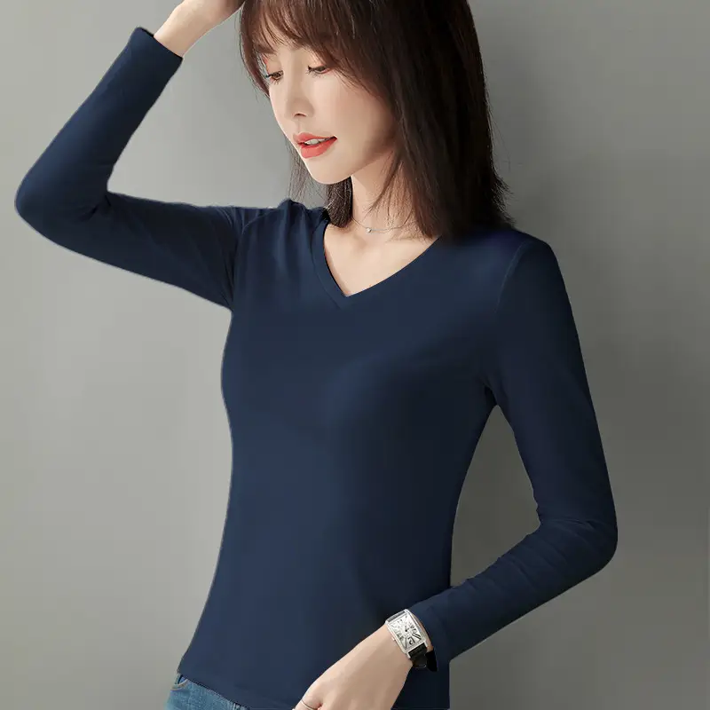 Women Cotton V-Neck Long Sleeve T-Shirt Black - Image 4