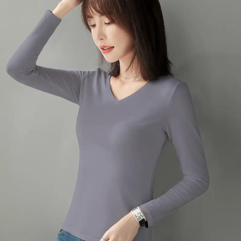Women Cotton V-Neck Long Sleeve T-Shirt Black - Image 5