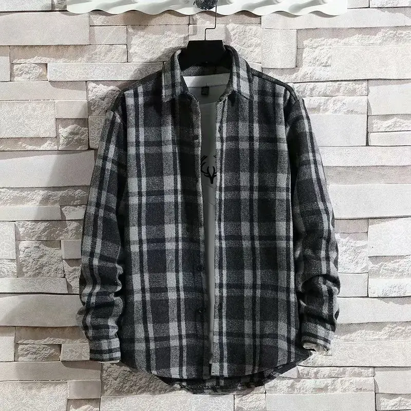 Men's Japanese Plaid Coat Autumn Winter Woolen Loose Fit - Image 7